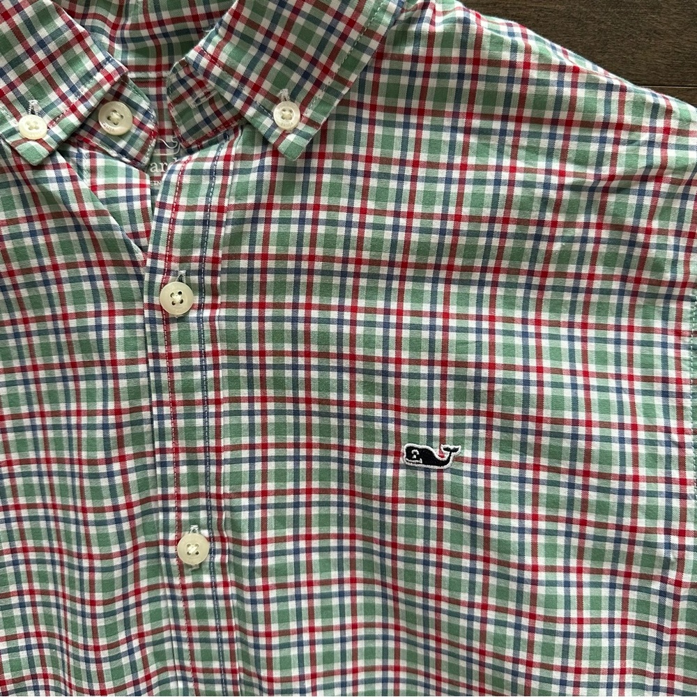 Vineyard Vines Boy's Plaid Button Down Holiday Green Red Blue Size L (16)